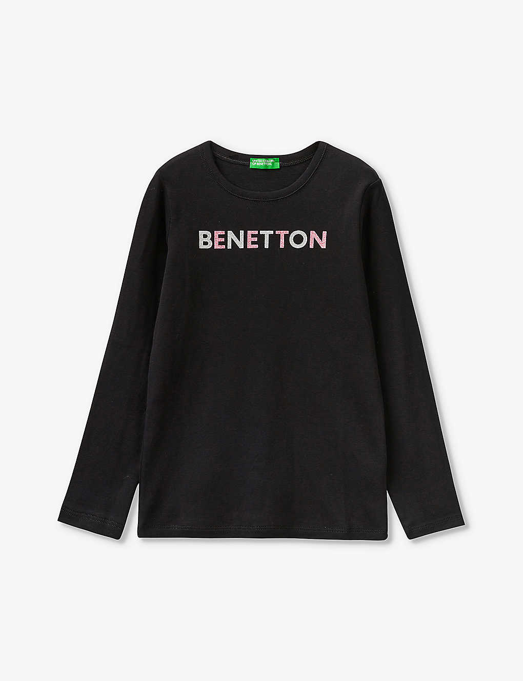 Benetton Boys Black Kids Logo-print Long-sleeve Organic-cotton T-shirt 6-14 Years