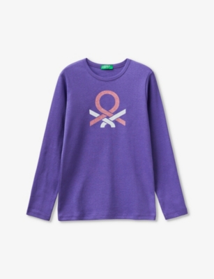 Benetton Boys Purple Kids Logo-print Long-sleeve Organic-cotton T-shirt 6-14 Years