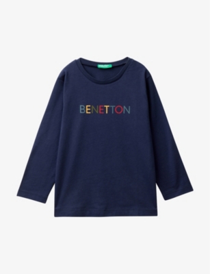 Benetton Boys Navy Blue Kids Logo-print Long-sleeved Organic-cotton T-shirt 18 Months To 6 Years