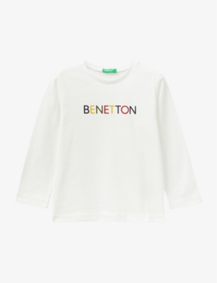 Benetton Boys White Kids Logo-print Long-sleeved Organic-cotton T-shirt 18 Months To 6 Years