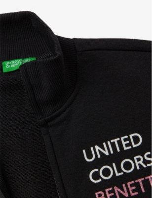 Shop Benetton Boys Black Kids Logo-print Zip-up Cotton-jersey Jacket 6-14 Years