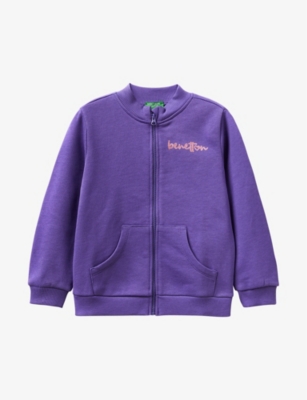 Benetton Girls Purple Kids Logo-print Contrasting-panels Organic-cotton Sweatshirt 18 Months - 6 Yea