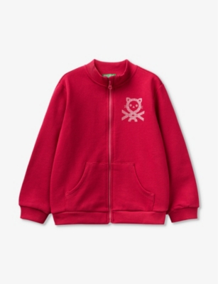 Benetton Girls Raspberry Pink Kids Logo-print Contrasting-panels Organic-cotton Sweatshirt 18 Months