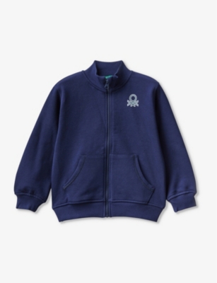 Benetton Boys Navy Blue Kids Logo-print Zip-up Organic-cotton Sweatshirt 18 Months - 6 Years