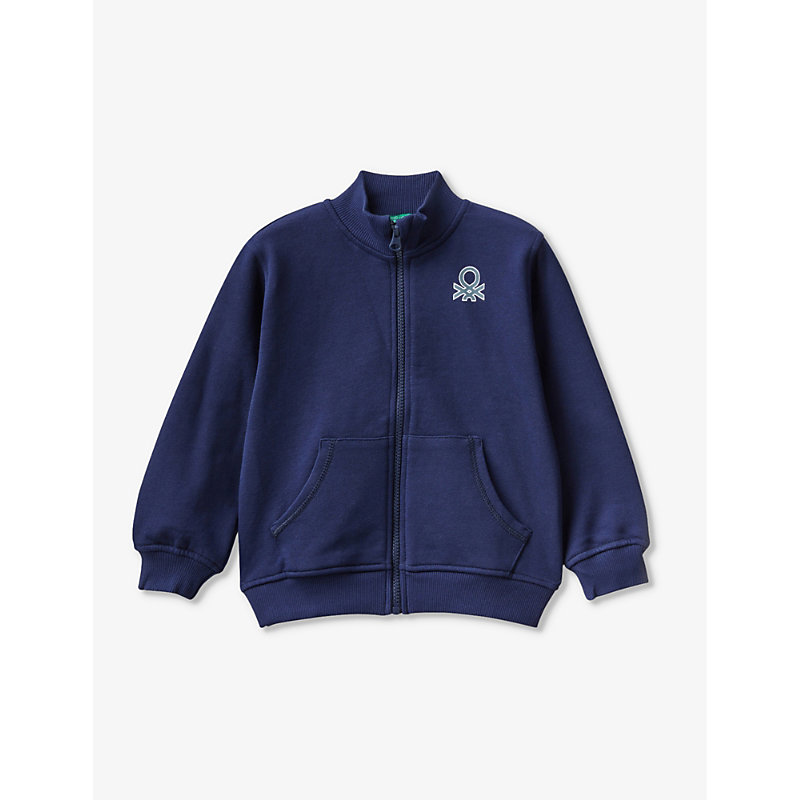Benetton Boys Navy Blue Kids Logo-print Zip-up Organic-cotton Sweatshirt 18 Months - 6 Years