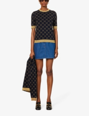 Gucci Gg Supreme Cotton & Lurex Knit Sweater In Blue/gold