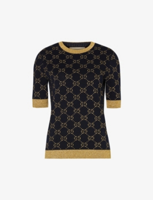 Gucci Monogram-pattern Ribbed-trim Cotton-blend Knitted Top In Blue/gold
