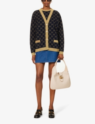Shop Gucci Womens Blue/gold Monogram-pattern Ribbed-trim Cotton-blend Knitted Cardigan