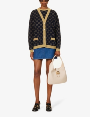 Gucci Womens Blue/gold Monogram-pattern Ribbed-trim Cotton-blend Knitted Cardigan In Blue/gold