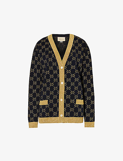 GUCCI: Monogram-pattern ribbed-trim cotton-blend knitted cardigan