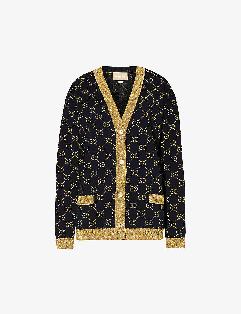 Shop Gucci Womens Blue/gold Monogram-pattern Ribbed-trim Cotton-blend Knitted Cardigan
