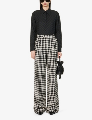 Shop Gucci Women's Black Monogram-pattern Satin-texture Regular-fit Silk Shirt