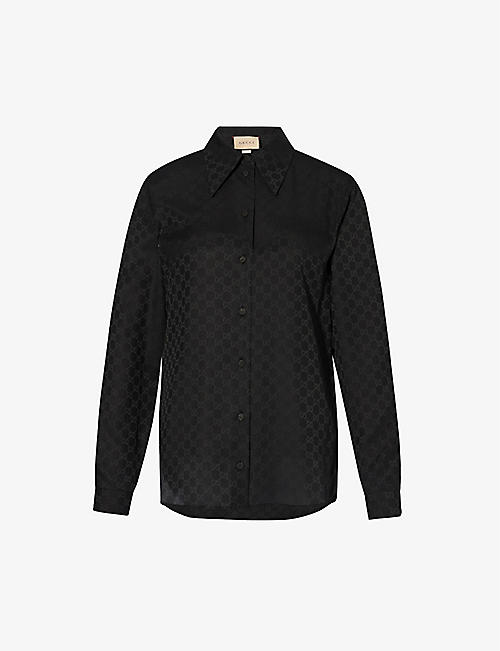 GUCCI: Monogram-pattern satin-texture regular-fit silk shirt