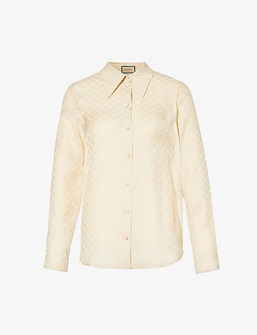 GUCCI: Monogram-pattern satin-texture regular-fit silk shirt