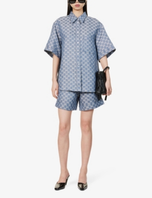 Blue GG-jacquard short-sleeved linen-denim shirt, Gucci