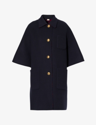 Shop Gucci Women's Blue/red Reversible Brand-motif Relaxed-fit Wool And Silk-blend Coat