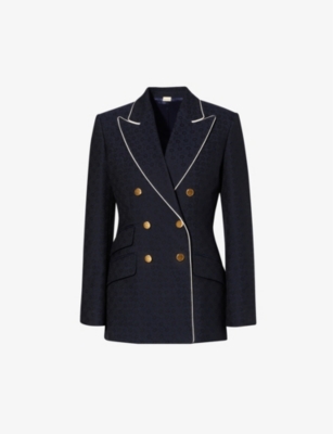 Gucci Womens Ink/mix Contrast-piped Double-breasted Cotton And Wool-blend Blazer In Black