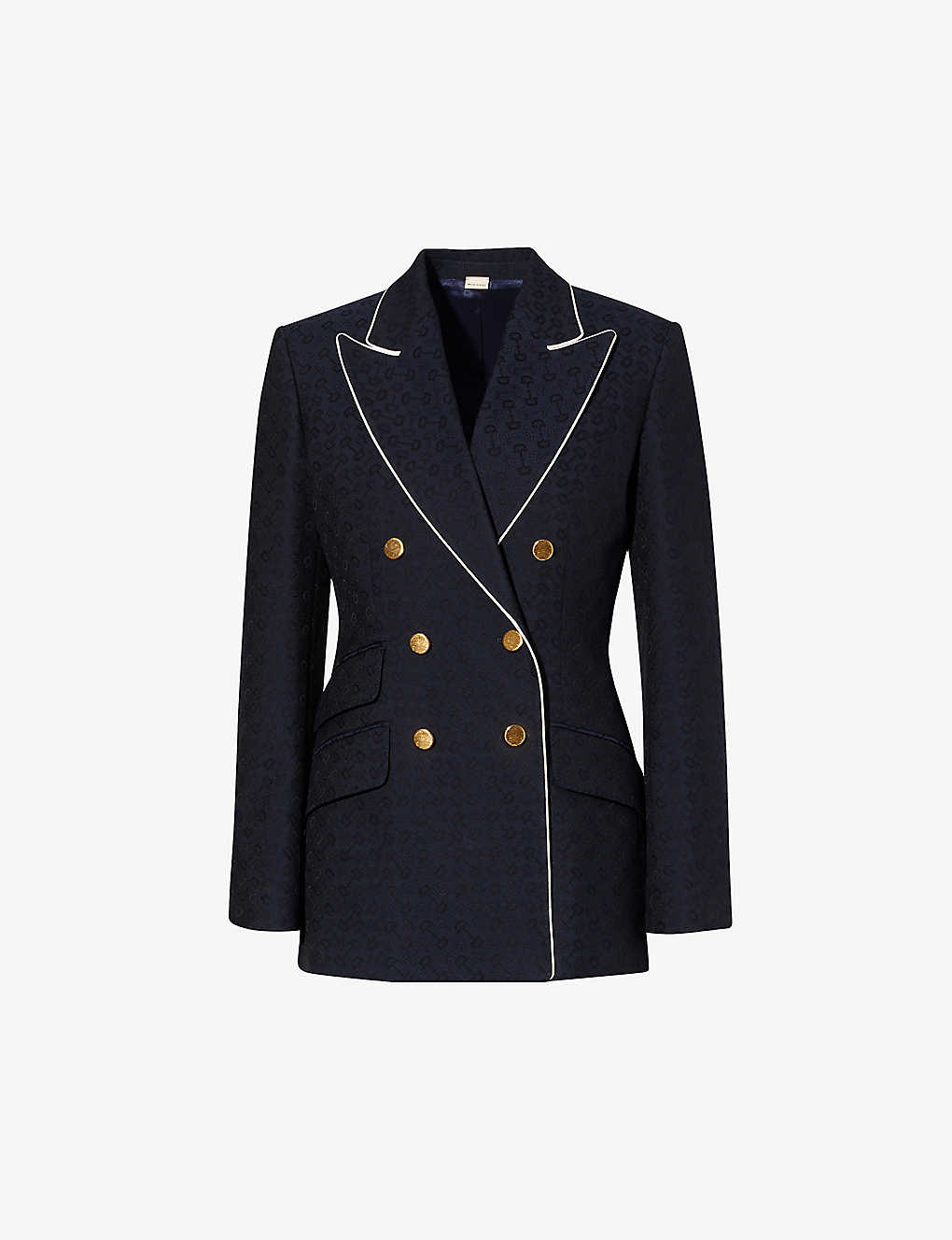 Shop Gucci Women's Ink/mix Contrast-piped Double-breasted Cotton And Wool-blend Blazer In Black