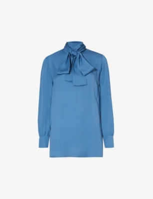 Shop Gucci Women's Vintage Avio Blue Self-tie High-neck Silk Shirt