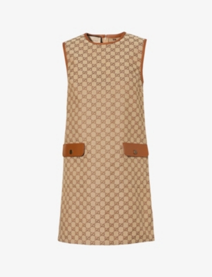Gucci Gg Leather-trimmed Canvas Minidress In Brown/dusty Mauve/mc