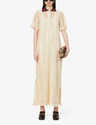 Shop Gucci Women's Almond Flower Striped-collar Semi-sheer Cotton-blend Midi Dress