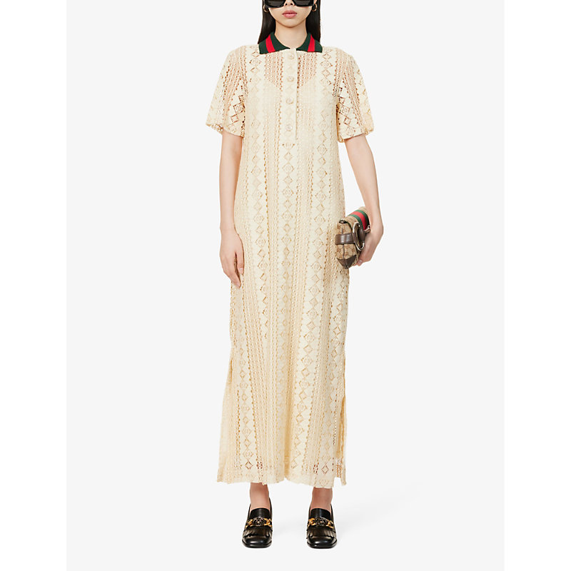 Shop Gucci Striped-collar Semi-sheer Cotton-blend Midi Dress In Almond Flower