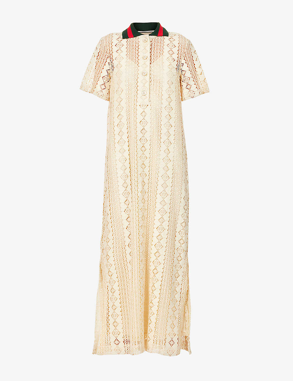 Gucci Striped-collar Semi-sheer Cotton-blend Midi Dress In Almond Flower