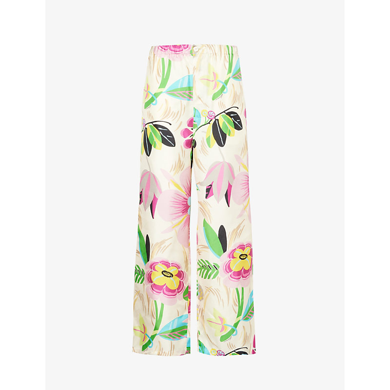 GUCCI GUCCI WOMEN'S IVORY/PINK/MIX FLORAL-PRINT WIDE-LEG MID-RISE SILK TROUSERS
