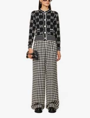 Shop Gucci Women's Black/ivory Monogram-pattern Cotton-blend Cardigan