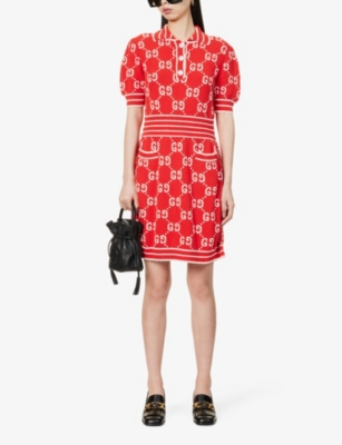 Shop Gucci Women's Red/ivory Monogram-print V-neck Cotton-blend Mini Dress