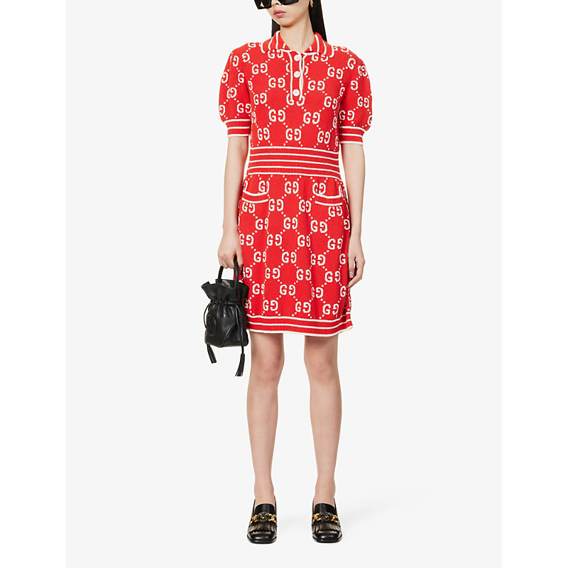 Shop Gucci Women's Red/ivory Monogram-print V-neck Cotton-blend Mini Dress