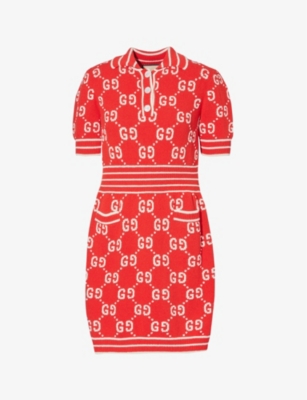 Gucci Monogram-print V-neck Cotton-blend In Red/ivory