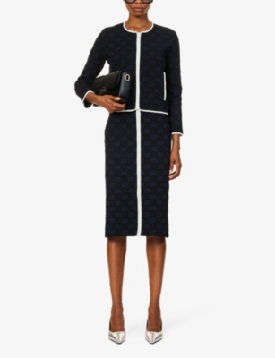 Shop Gucci Women's Black/blue/ivory Logo-pattern Regular-fit Knitted Midi Skirt