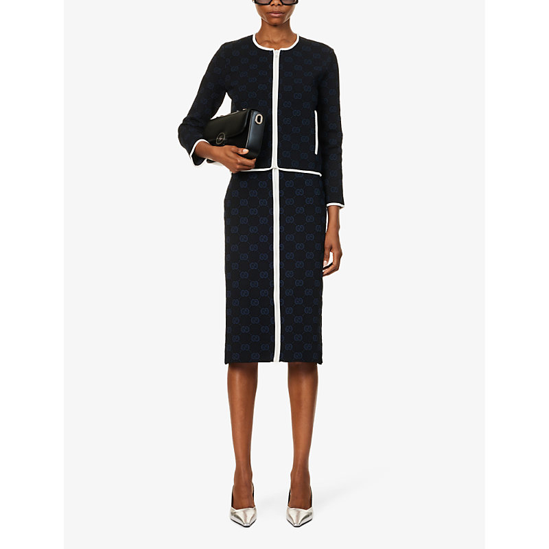 Shop Gucci Women's Black/blue/ivory Logo-pattern Regular-fit Knitted Midi Skirt