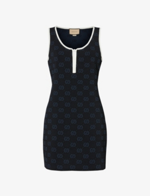 Gucci Logo-pattern Regular-fit Knitted Mini Dress In Black/blue/ivory |  ModeSens