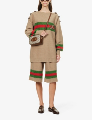 Shop Gucci Women's Camel/green/red/mix Striped Boat-neck Relaxed-fit Wool-blend Jumper In Multi-coloured