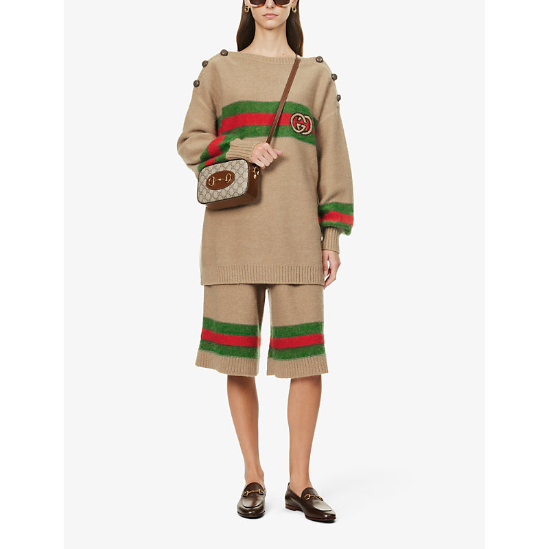 Shop Gucci Womens Camel/green/red/mix Striped Boat-neck Relaxed-fit Wool-blend Jumper In Multi-coloured