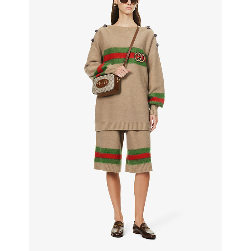 Shop Gucci Women's Camel/green/red/mix Striped Wide-leg Regular-fit Mohair Wool-blend Knitted Trousers