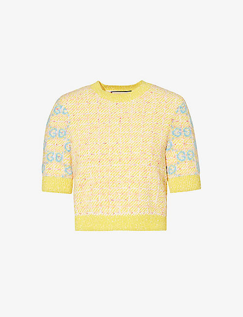 GUCCI: Tweed-print logo-knitted wool-blend jumper