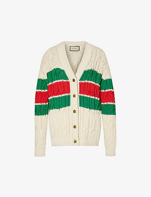GUCCI: Striped cable-knit relaxed-fit cotton-blend knitted cardigan