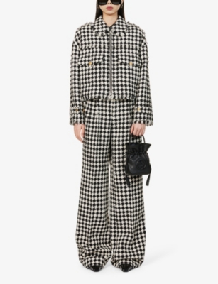 Shop Gucci Women's Ivory/black Houndstooth-pattern Cropped Cotton-blend Jacket