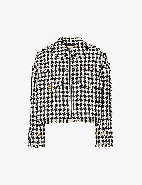 GUCCI: Houndstooth-pattern cropped cotton-blend jacket