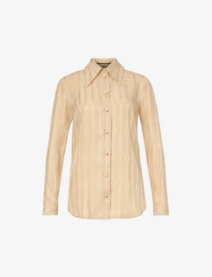 Shop Gucci Women's Biscuit Monogram Jacquard-patterned Regular-fit Silk Shirt In Brown