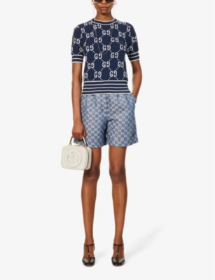 Shop Gucci Monogram-pattern Ribbed-trim Cotton-blend Knitted Top In Blue Navy/ivory