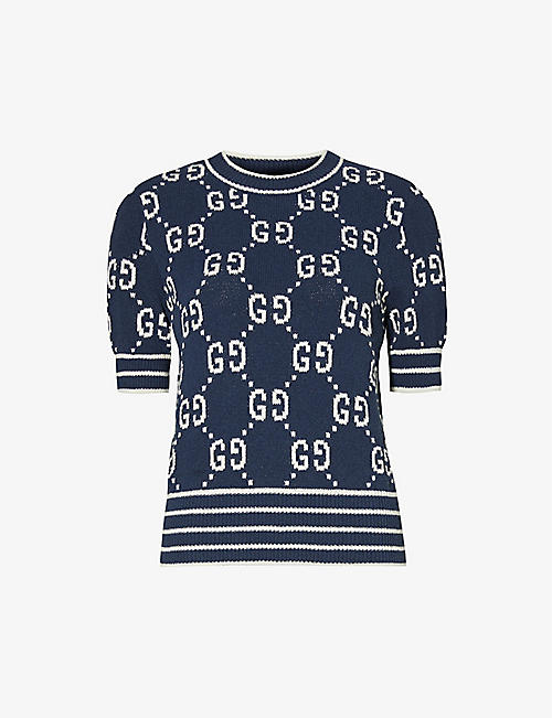 GUCCI: Monogram-pattern ribbed-trim cotton-blend knitted top