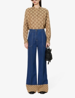Shop Gucci Women's Blue/mix Monogram-cuff Flared Straight-leg High-rise Jeans