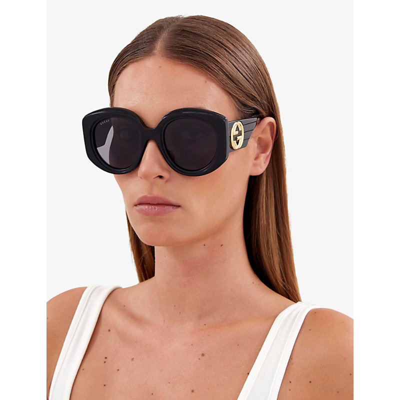 Shop Gucci Women's Black Gc002055 Gg1308s Round-frame Acetate Sunglasses
