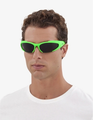 Shop Balenciaga Womens Green Bb0253s Wraparound-frame Acetate Sunglasses