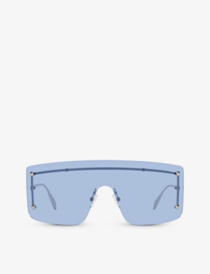 Shop Alexander Mcqueen Am0412s Shield-frame Metal Sunglasses In Silver