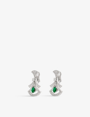BVLGARI: Diva's Dream 18ct white-gold, 1.48ct brilliant-cut diamond and 1.2ct pear-cut emerald drop earrings